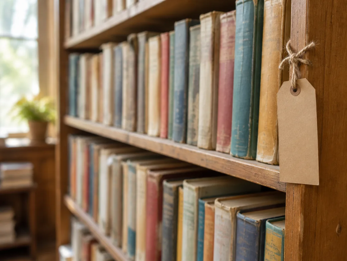 Bücherregal voll gebrauchter Bücher mit Papieranhänger