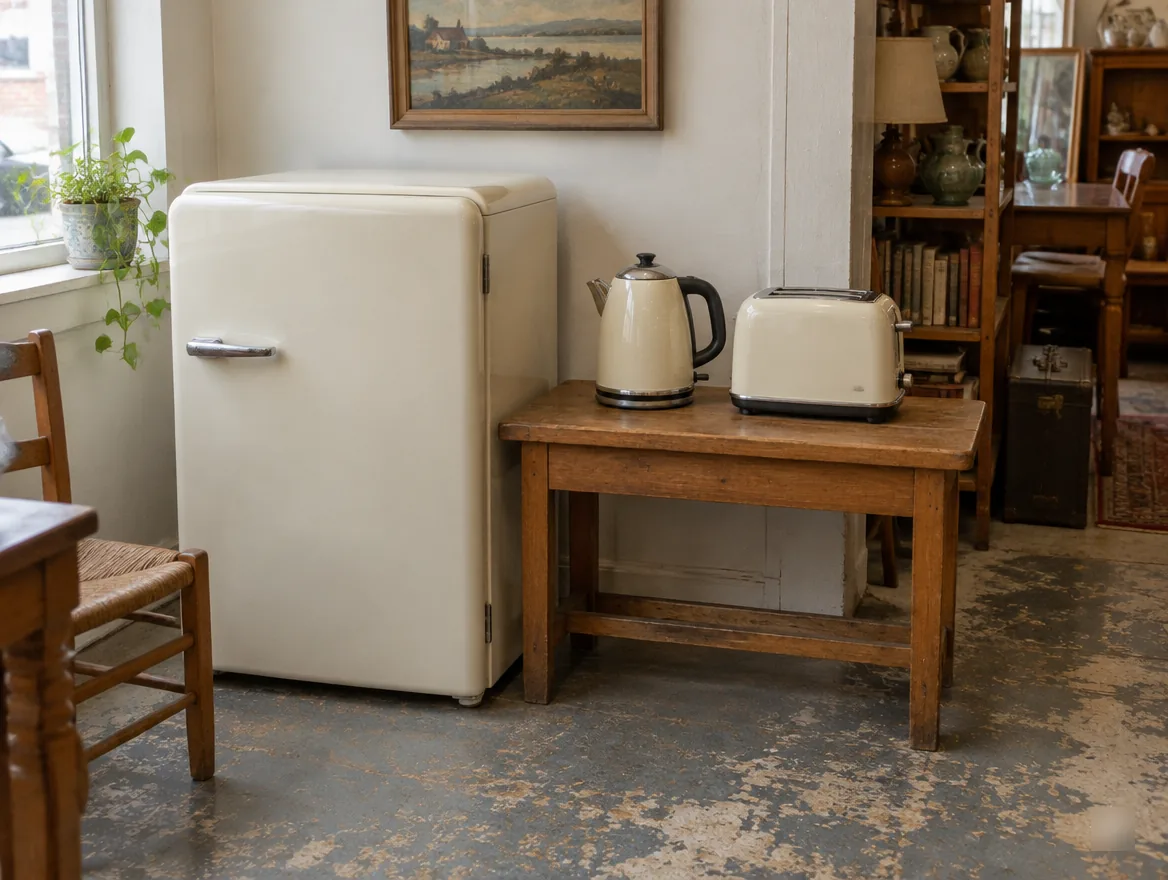 Kleiner Kühlschrank, Wasserkocher und Toaster auf einer Holzbank