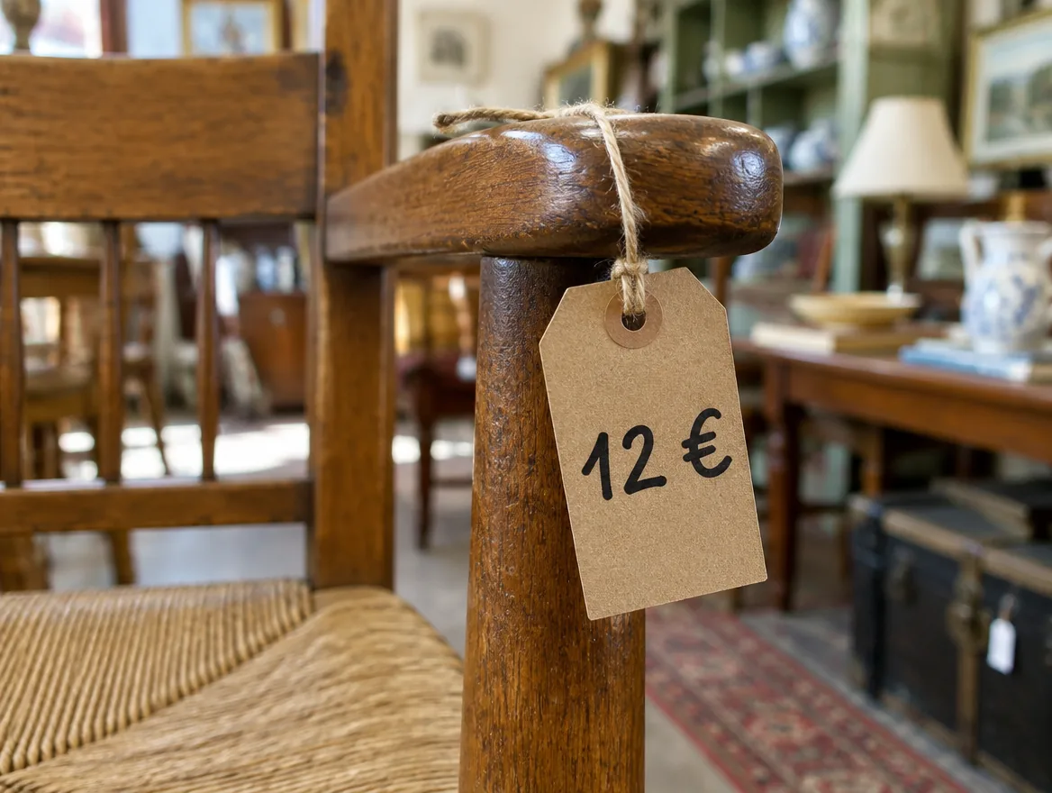 Preisschild aus Kraftpapier mit 12 Euro an einem Holzstuhl